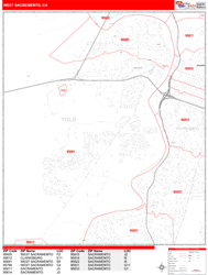 West Sacramento Wall Map Zip Code Red Line Style 2024